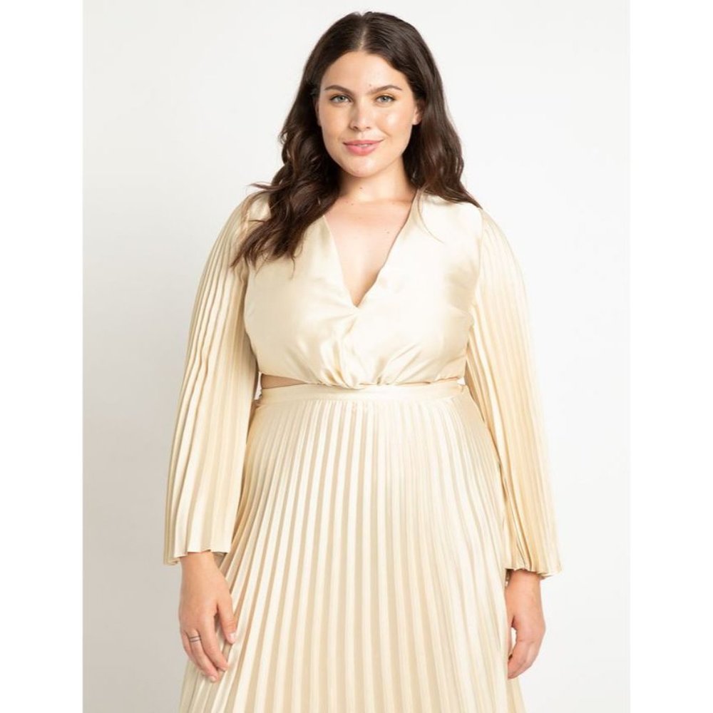 Eloquii Pleated Satin Midi Gown with Cutouts in Wood Ash size 14 NWT - Picture 8 of 9